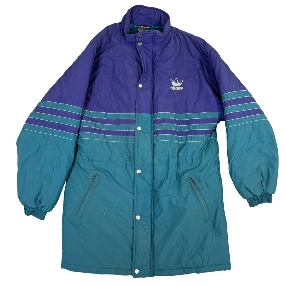 Vintage Adidas Trefoil Puffer Parka Jacket Purple Teal Colorblock Mens XL